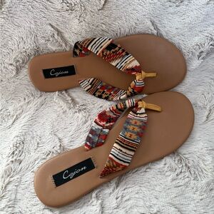 Cejon Tan Sandals with Colorful Patterned Straps